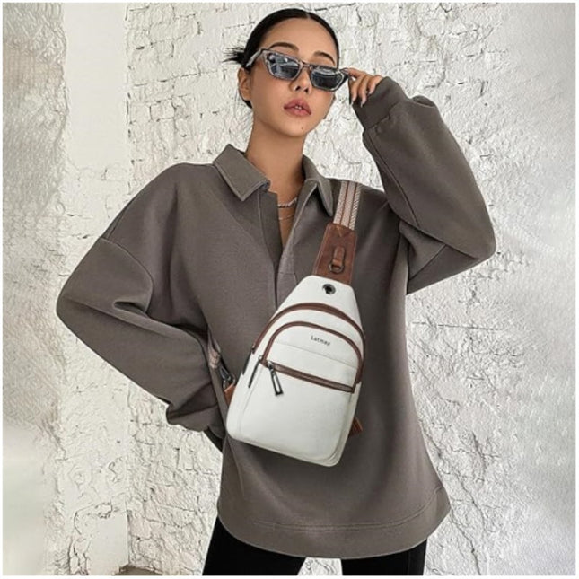 Black Women's 3-Layer Zipped PU Chest Bag with Reversable Strap - Roomy But Not Nulky Single Shoulder Crossbody Bag