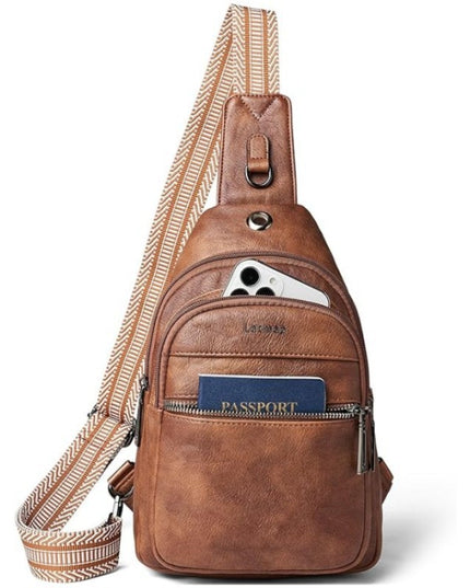 Brown Women's 3-Layer Zipped PU Chest Bag with Reversable Strap - Roomy But Not Nulky Single Shoulder Crossbody Bag