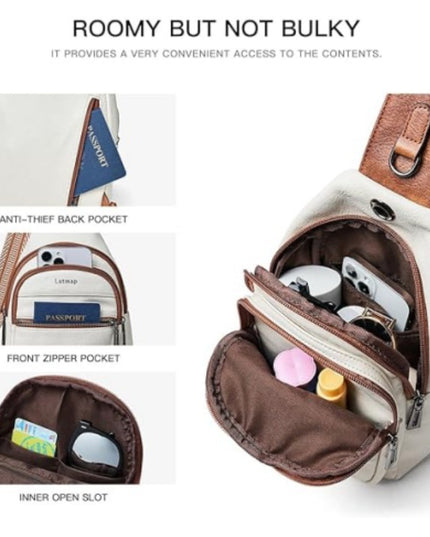 Brown Women's 3-Layer Zipped PU Chest Bag with Reversable Strap - Roomy But Not Nulky Single Shoulder Crossbody Bag