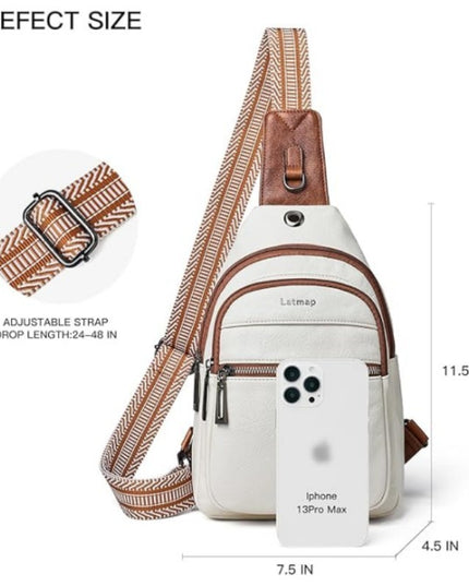 Brown Women's 3-Layer Zipped PU Chest Bag with Reversable Strap - Roomy But Not Nulky Single Shoulder Crossbody Bag
