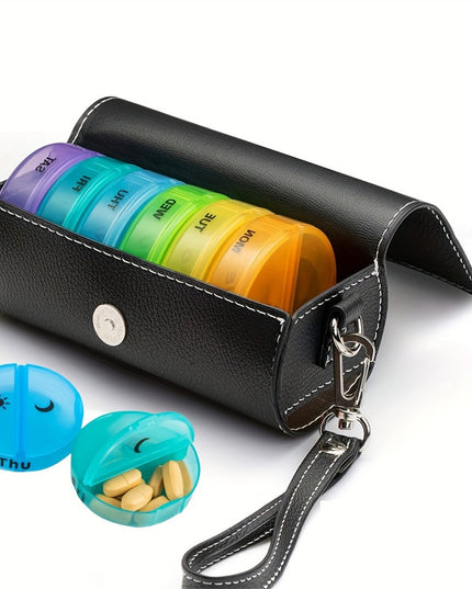 Portable 7-Day Weekly Travel Pill Organizer with Black PU Leather Pouch - 14 Colorful Compartments AM/PM Medication Planner, Dustproof & Light-Shielding