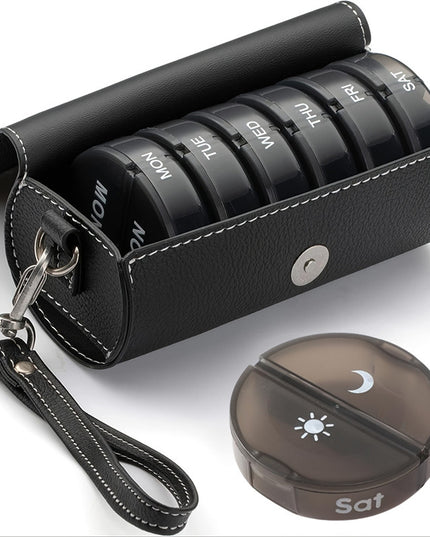 Portable 7-Day Weekly Travel Pill Organizer with Black PU Leather Pouch - 14 Black Compartments AM/PM Medication Planner, Dustproof & Light-Shielding