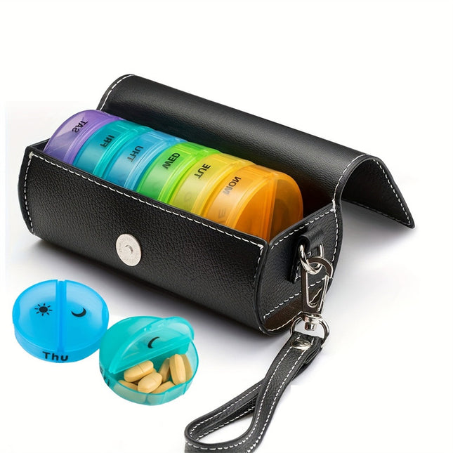 Portable 7-Day Weekly Travel Pill Organizer with Brown PU Leather Pouch - 14 Colorful Compartments AM/PM Medication Planner, Dustproof & Light-Shielding