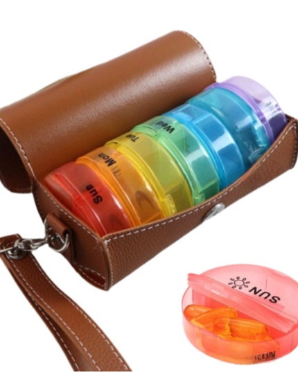 Portable 7-Day Weekly Travel Pill Organizer with Brown PU Leather Pouch - 14 Colorful Compartments AM/PM Medication Planner, Dustproof & Light-Shielding