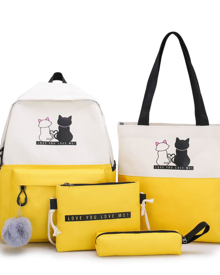 4-Piece Yellow Student Backpack Set with Cat Print - Durable Canvas School Bag Combo - Includes Backpack, Tote Bag, Crossbody Bag & Pencil Case