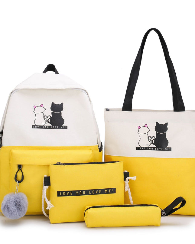4-Piece Yellow Student Backpack Set with Cat Print - Durable Canvas School Bag Combo - Includes Backpack, Tote Bag, Crossbody Bag & Pencil Case