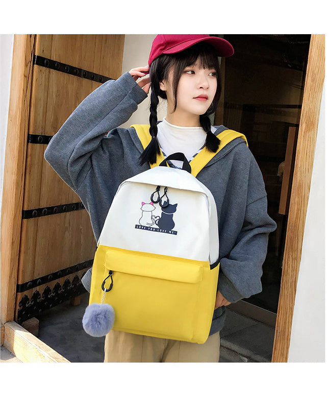 4-Piece Yellow Student Backpack Set with Cat Print - Durable Canvas School Bag Combo - Includes Backpack, Tote Bag, Crossbody Bag & Pencil Case