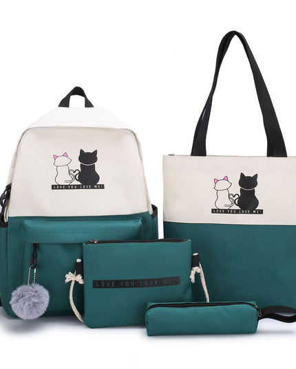 4-Piece Green Student Backpack Set with Cat Print - Durable Canvas School Bag Combo - Includes Backpack, Tote Bag, Crossbody Bag & Pencil Case