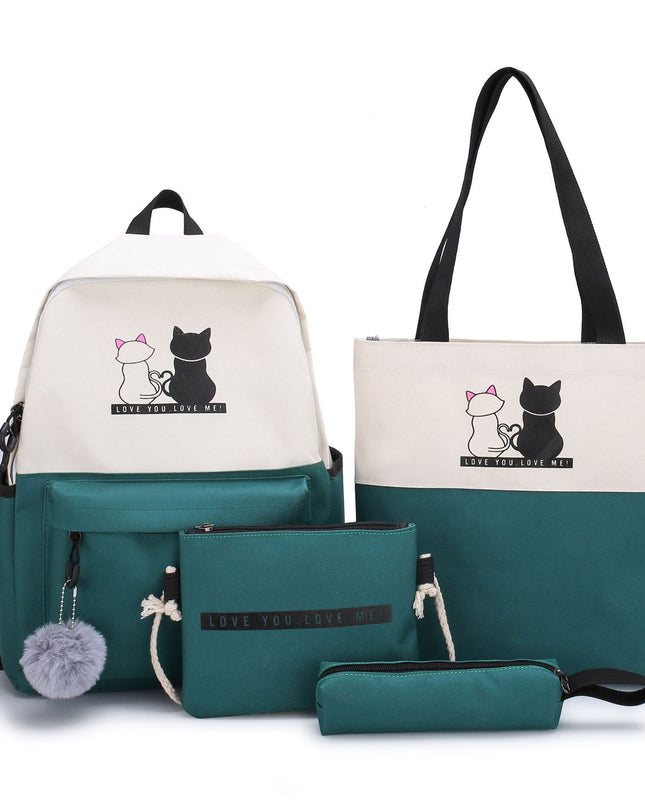 4-Piece Green Student Backpack Set with Cat Print - Durable Canvas School Bag Combo - Includes Backpack, Tote Bag, Crossbody Bag & Pencil Case
