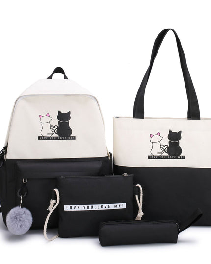 4-Piece Black Student Backpack Set with Cat Print - Durable Canvas School Bag Combo - Includes Backpack, Tote Bag, Crossbody Bag & Pencil Case