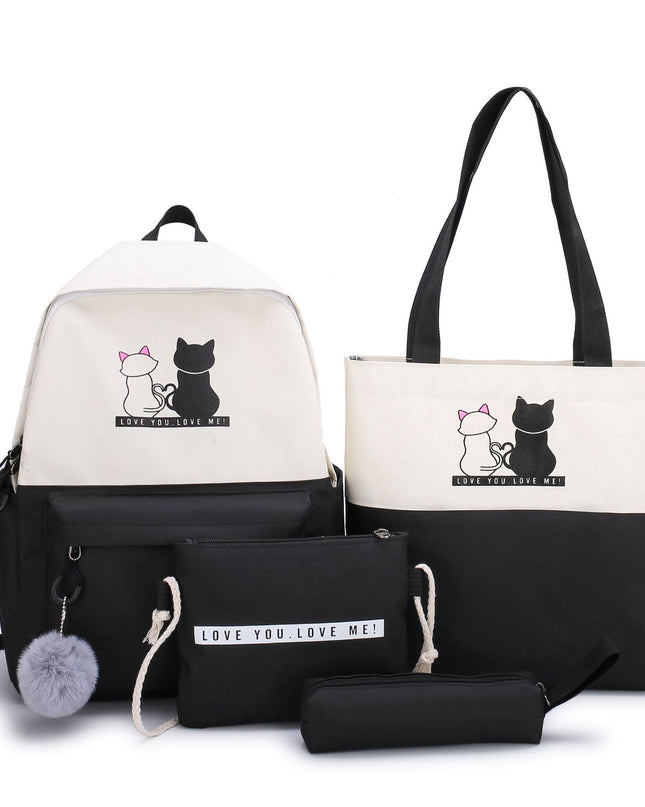 4-Piece Black Student Backpack Set with Cat Print - Durable Canvas School Bag Combo - Includes Backpack, Tote Bag, Crossbody Bag & Pencil Case