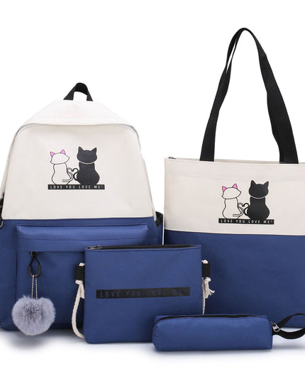 4-Piece Blue Student Backpack Set with Cat Print - Durable Canvas School Bag Combo - Includes Backpack, Tote Bag, Crossbody Bag & Pencil Case