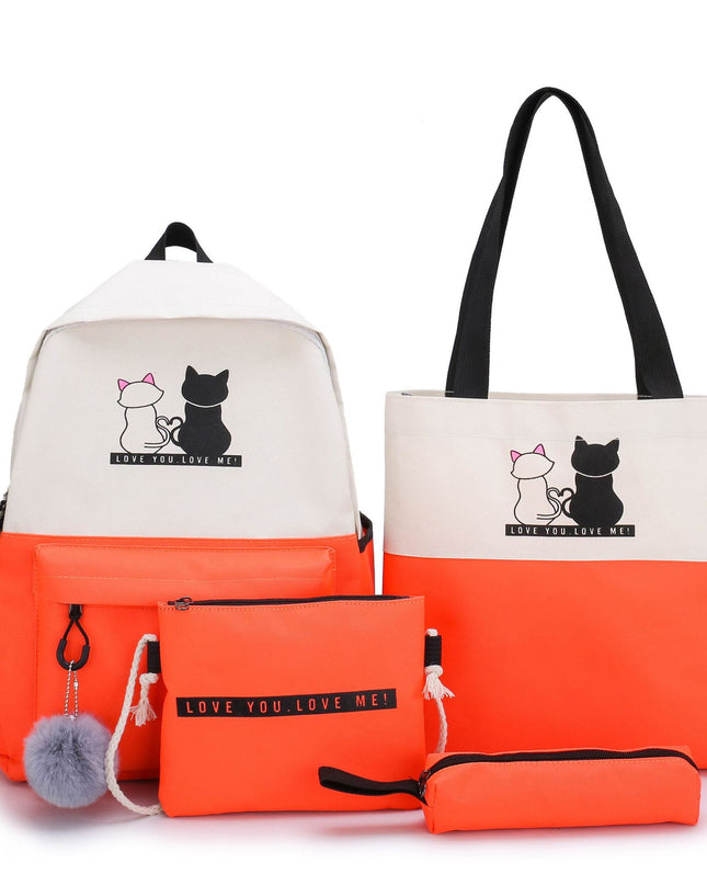 4-Piece Orange Student Backpack Set with Cat Print - Durable Canvas School Bag Combo - Includes Backpack, Tote Bag, Crossbody Bag & Pencil Case