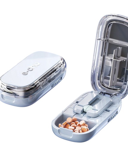 Blue Portable Mini Pill Organizer with 1/2 & 1/4 Precision Cutter - 3-Compartment Daily Travel Medicine Case with Rolling Knob Lock