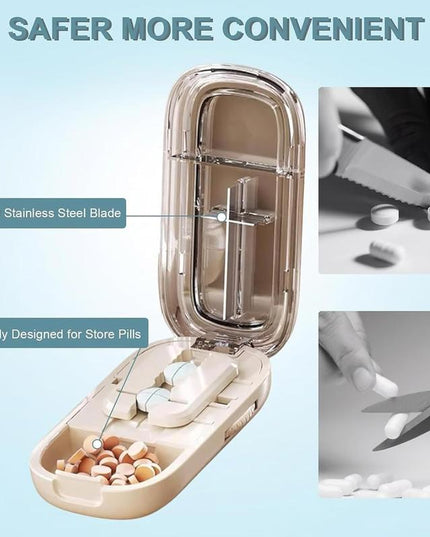 Blue Portable Mini Pill Organizer with 1/2 & 1/4 Precision Cutter - 3-Compartment Daily Travel Medicine Case with Rolling Knob Lock