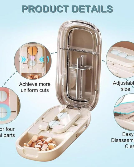 Blue Portable Mini Pill Organizer with 1/2 & 1/4 Precision Cutter - 3-Compartment Daily Travel Medicine Case with Rolling Knob Lock