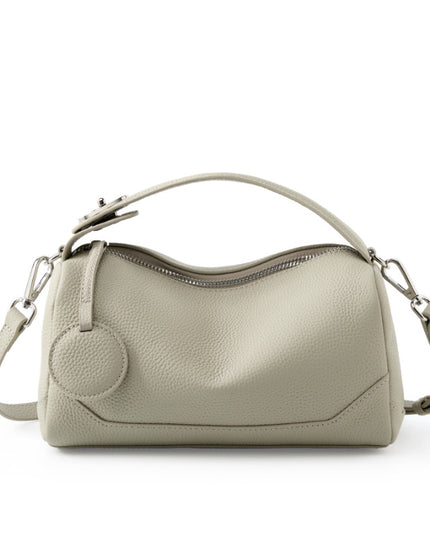 Beige Women Genuine First Layer Cowhide Boston Bag Fashionable Handheld Crossbody Shoulder Bag with 115cm Adjustable Strap