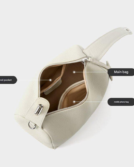 Beige Women Genuine First Layer Cowhide Boston Bag Fashionable Handheld Crossbody Shoulder Bag with 115cm Adjustable Strap