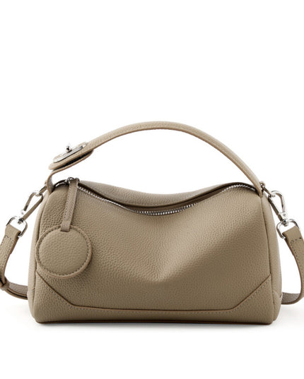 Grey Women Genuine First Layer Cowhide Boston Bag Fashionable Handheld Crossbody Shoulder Bag with 115cm Adjustable Strap