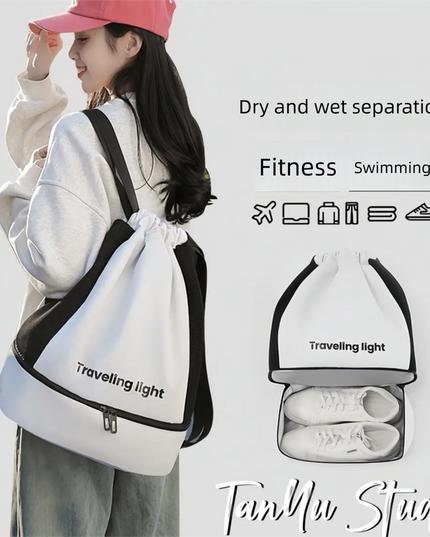 Black Waterproof Drawstring Swimming Backpack with Wet Dry Separation and Shoe Compartment for Gym and Yoga Organized Gear Bag for Local Active Lifestyles