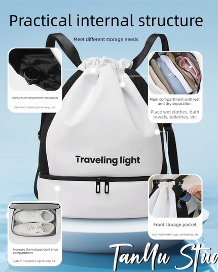 Black Waterproof Drawstring Swimming Backpack with Wet Dry Separation and Shoe Compartment for Gym and Yoga Organized Gear Bag for Local Active Lifestyles