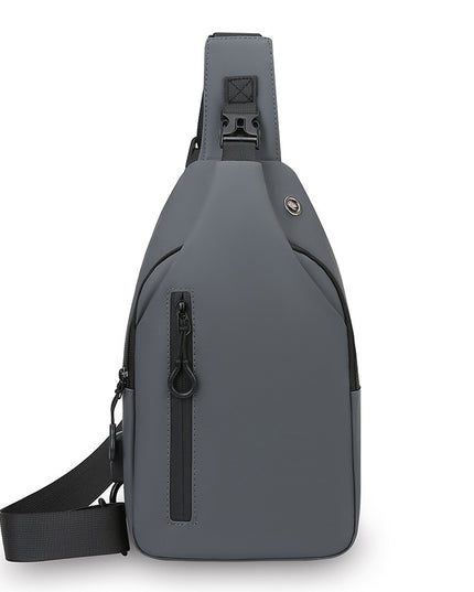 Grey Waterproof Unisex Chest Bag with USB Charging & Headphone Port  - 3-Layer Large Capacity PU Leather Crossbody Bag