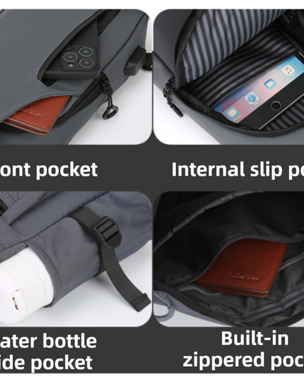 Grey Waterproof Unisex Chest Bag with USB Charging & Headphone Port  - 3-Layer Large Capacity PU Leather Crossbody Bag