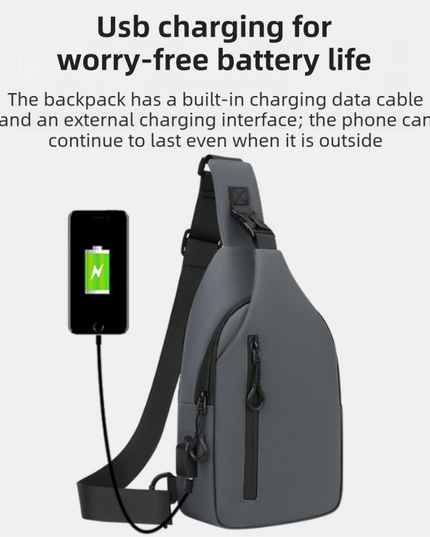 Grey Waterproof Unisex Chest Bag with USB Charging & Headphone Port  - 3-Layer Large Capacity PU Leather Crossbody Bag