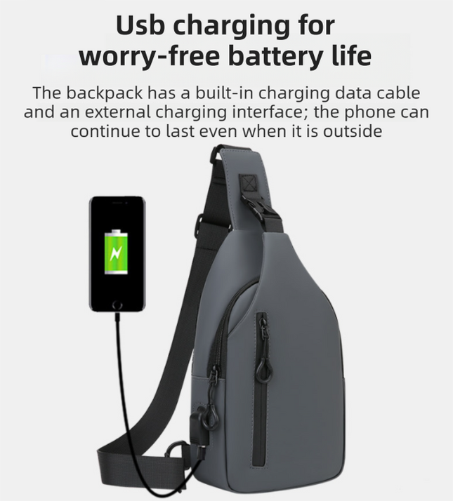 Grey Waterproof Unisex Chest Bag with USB Charging & Headphone Port  - 3-Layer Large Capacity PU Leather Crossbody Bag