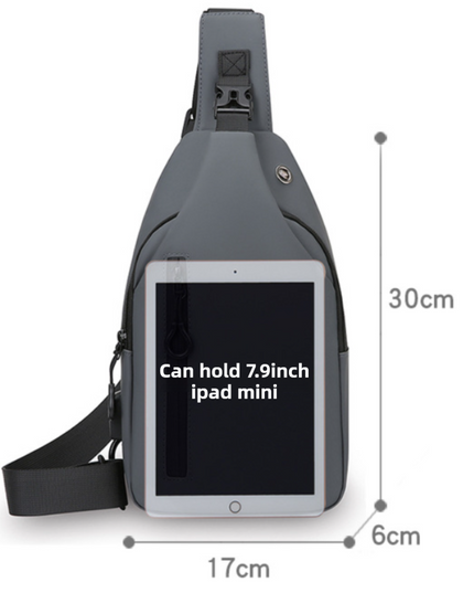 Grey Waterproof Unisex Chest Bag with USB Charging & Headphone Port  - 3-Layer Large Capacity PU Leather Crossbody Bag
