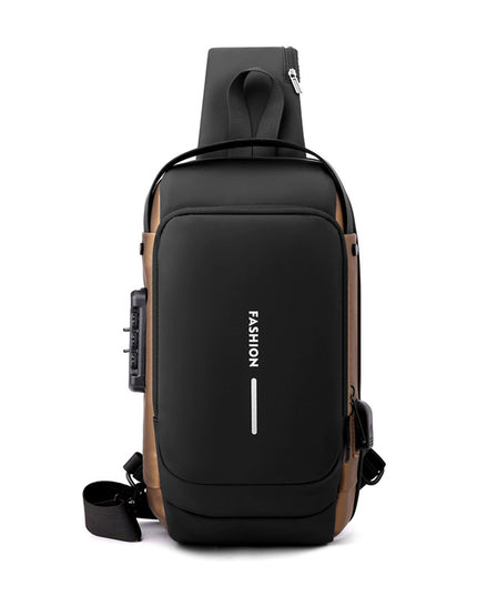 Black-Gold High Capacity Anti-Theft Tactical Chest Bag - Waterproof Leather-Film Sling with USB Charging & TSA Password Lock