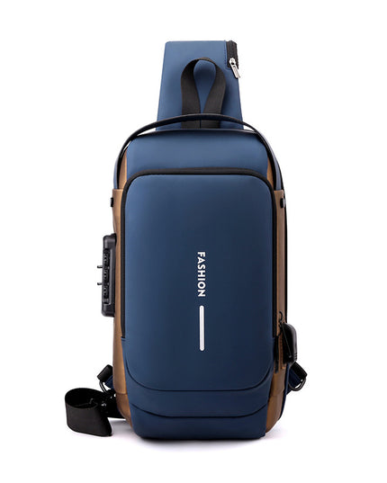 Blue Gold High Capacity Anti-Theft Tactical Chest Bag - Waterproof Leather-Film Sling with USB Charging & TSA Password Lock