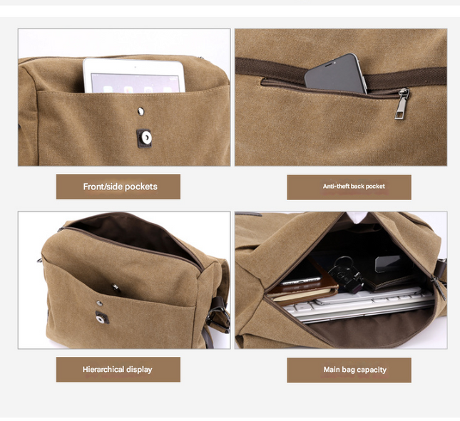 Grey Men's Large Capacity Canvas Messenger Bag Lightweight Multi-Pocket Crossbody Shoulder Bag for Work Casual Travel iPad Compatible